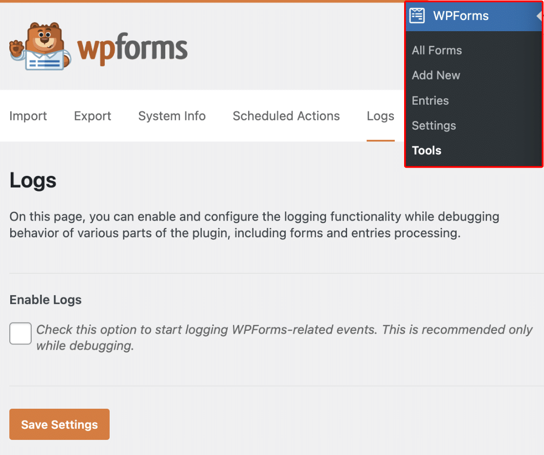 Logs Tab in WPForms