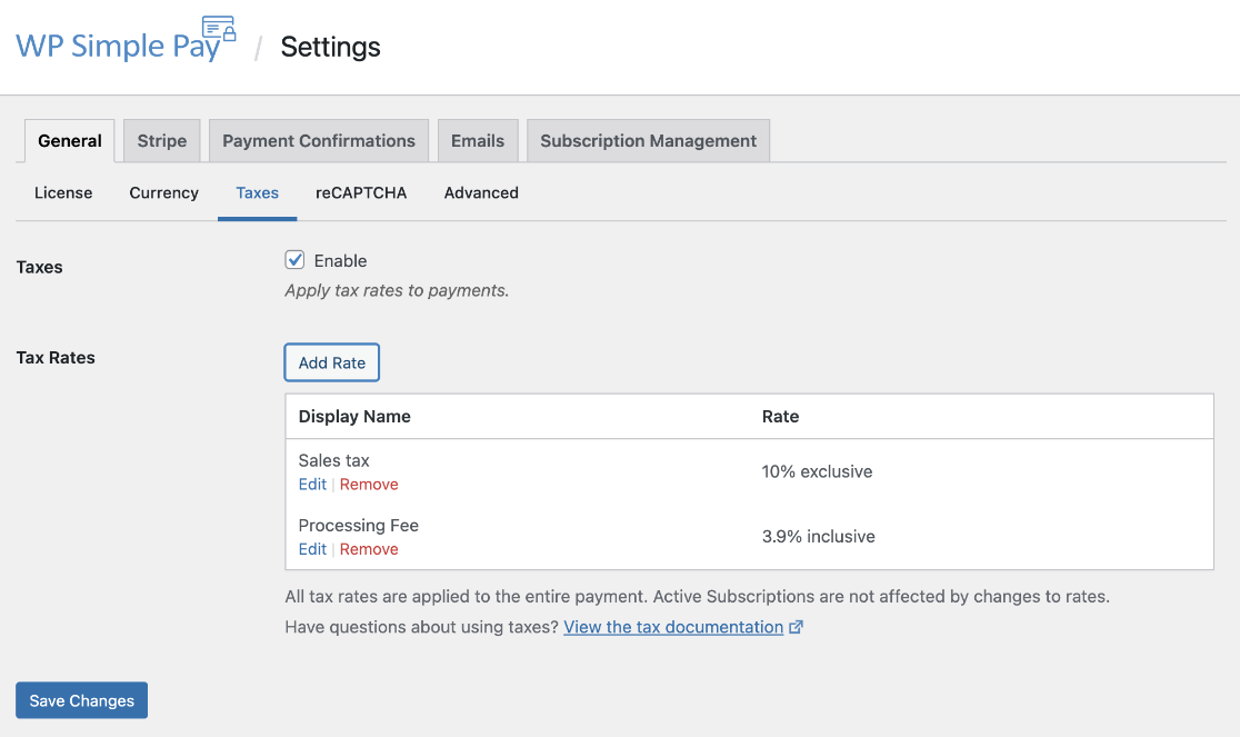 Add tax rate WP Simple Pay