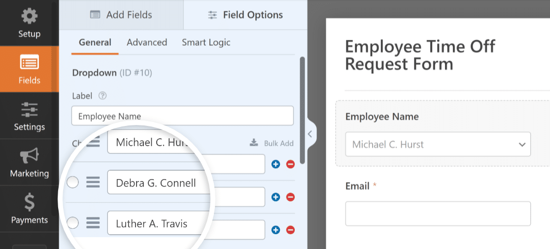 Modify employee name field as a dropdown