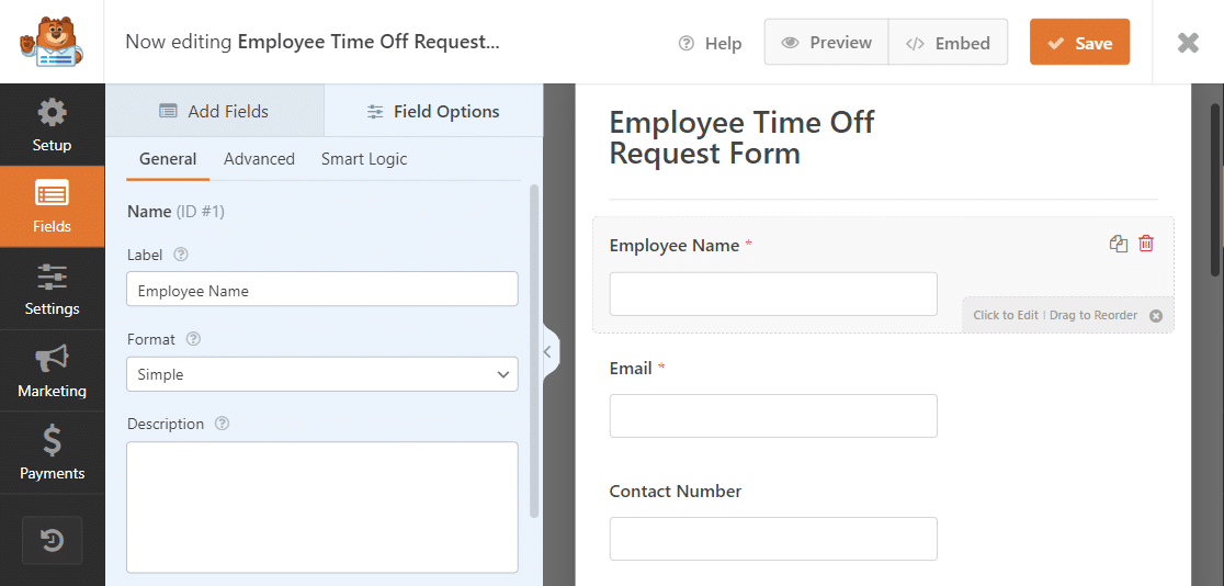 Preview time off request form