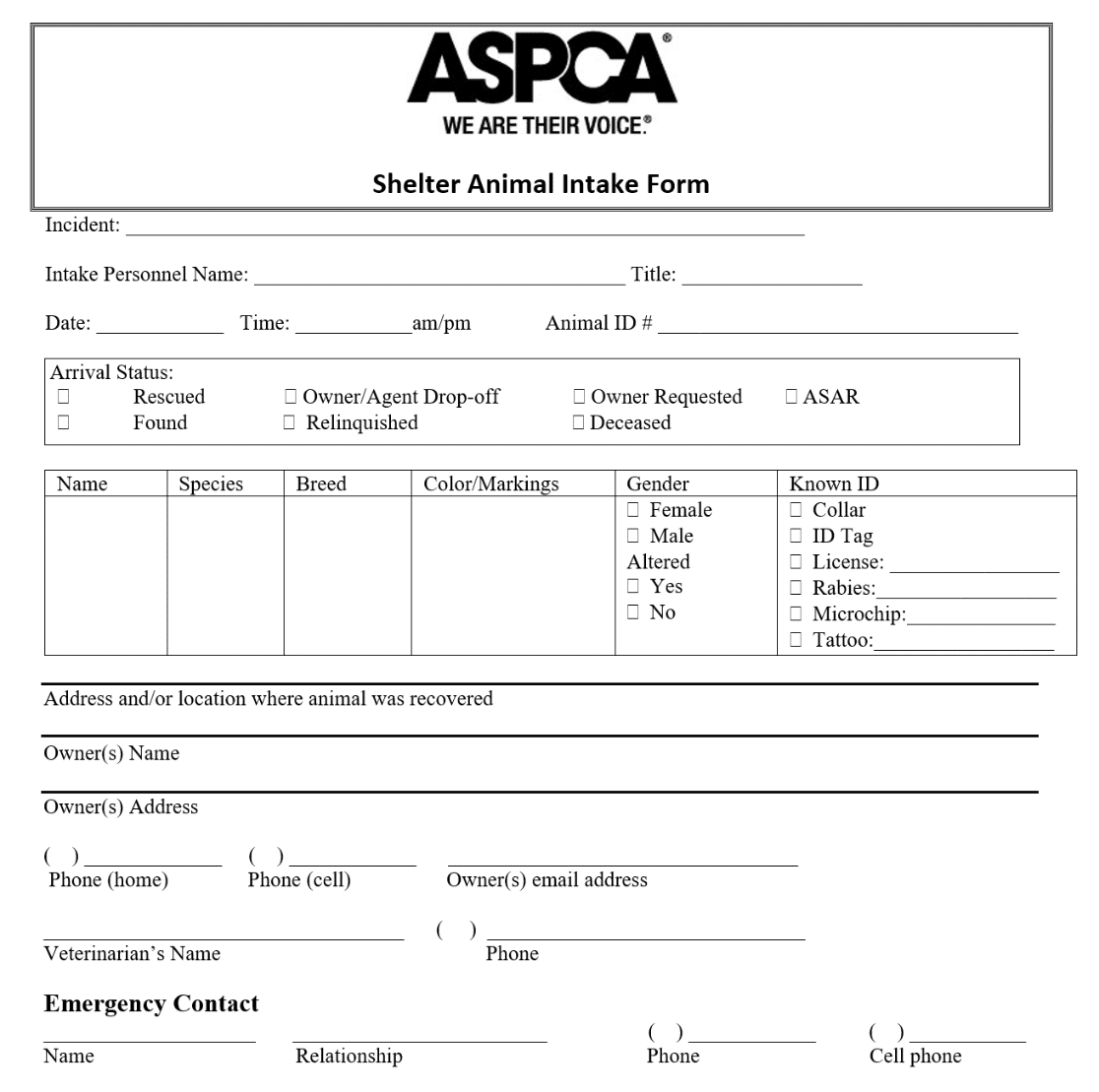 An example of an animal intake form example for a animal shelter