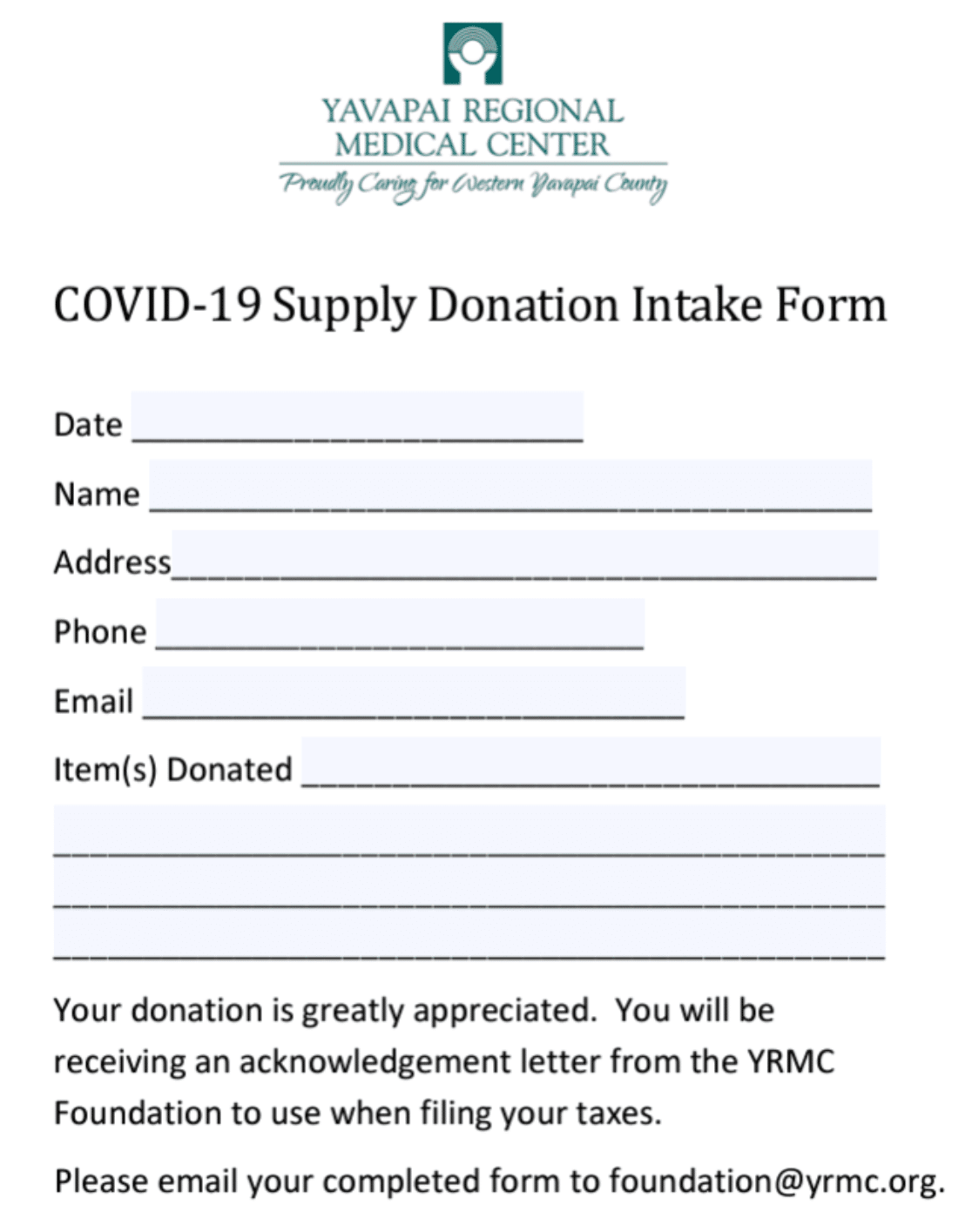 An example of a donation intake form for a nonprofit