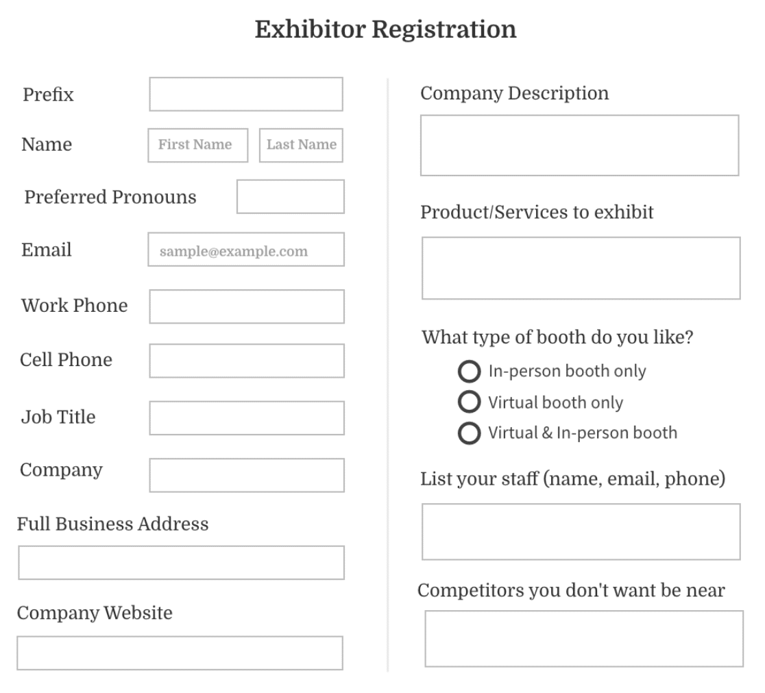 An example of an event registration intake form for exhibitors
