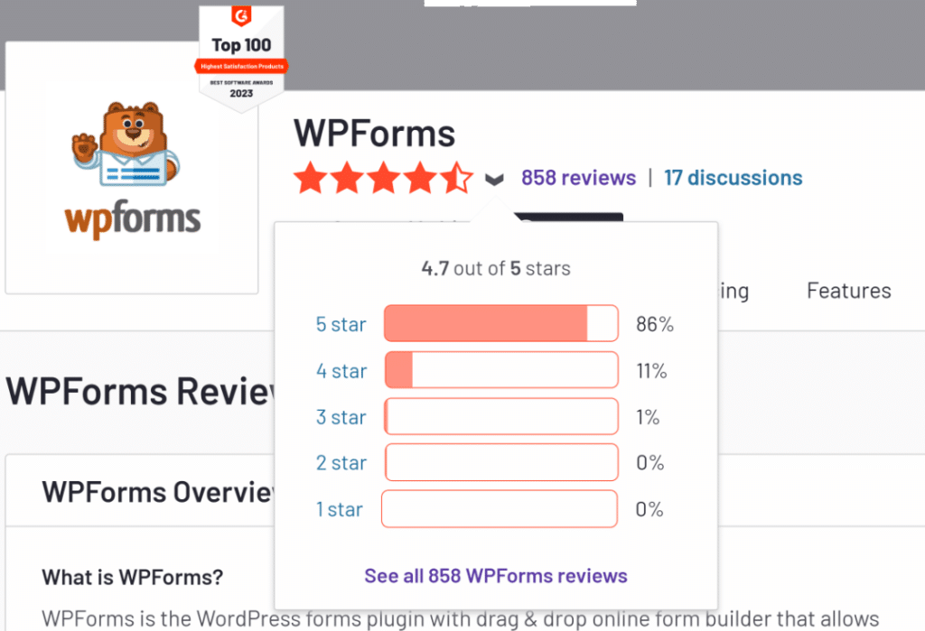 Avaliações G2 da WPForms