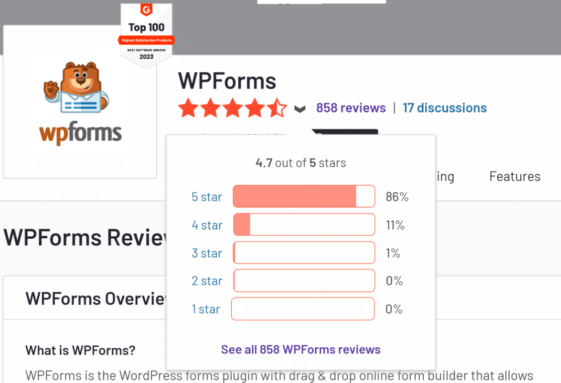 WPForms G2 reviews