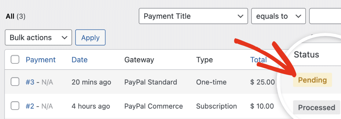 An entry with a PayPal payment status of "pending"