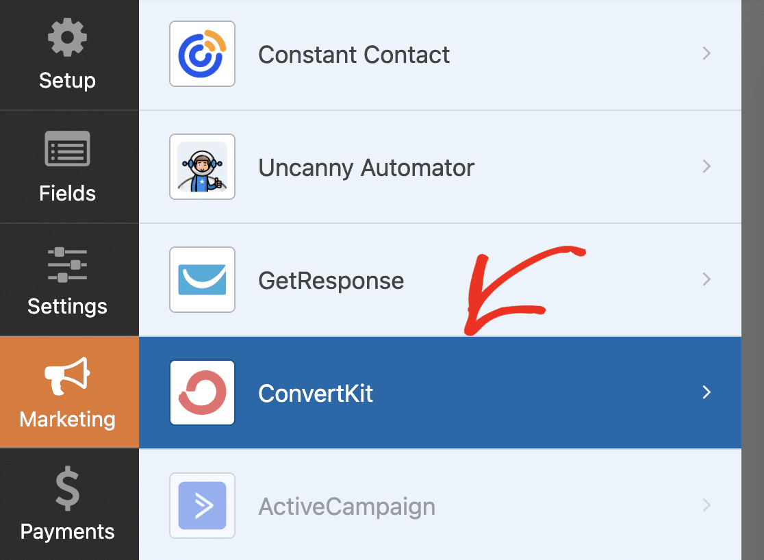 Select ConvertKit From Marketing Option
