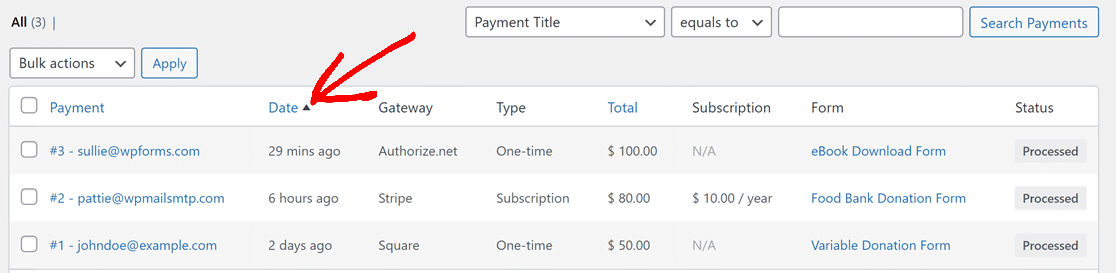 Sort table data with columns