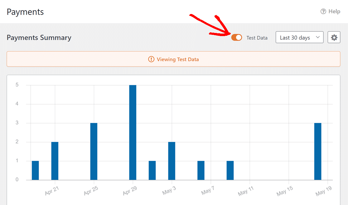 Test Data toggle button in Payments page