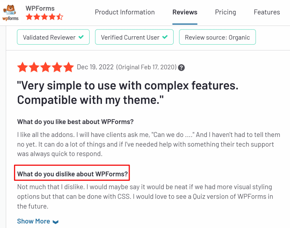 WPForms user likes and dislikes