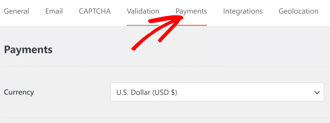 WPForms payments tab