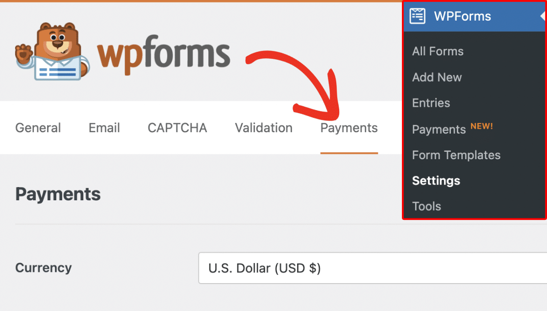 WPForms payments tab