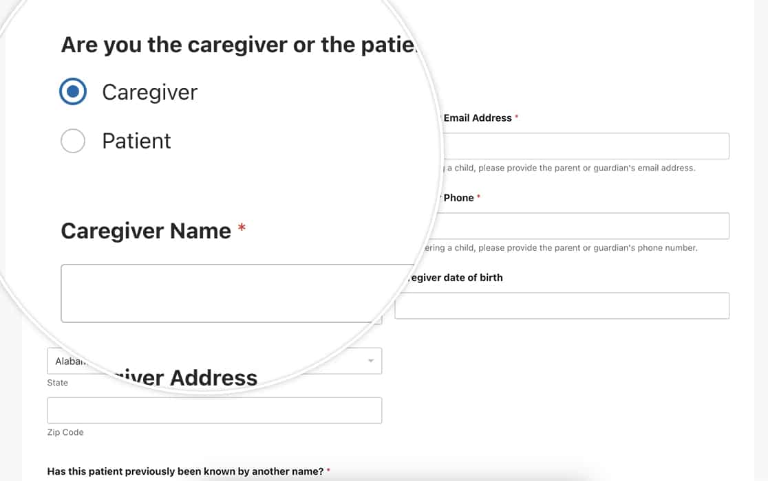 the layout field will then show when the caregiver option is selected from the multiple choice field
