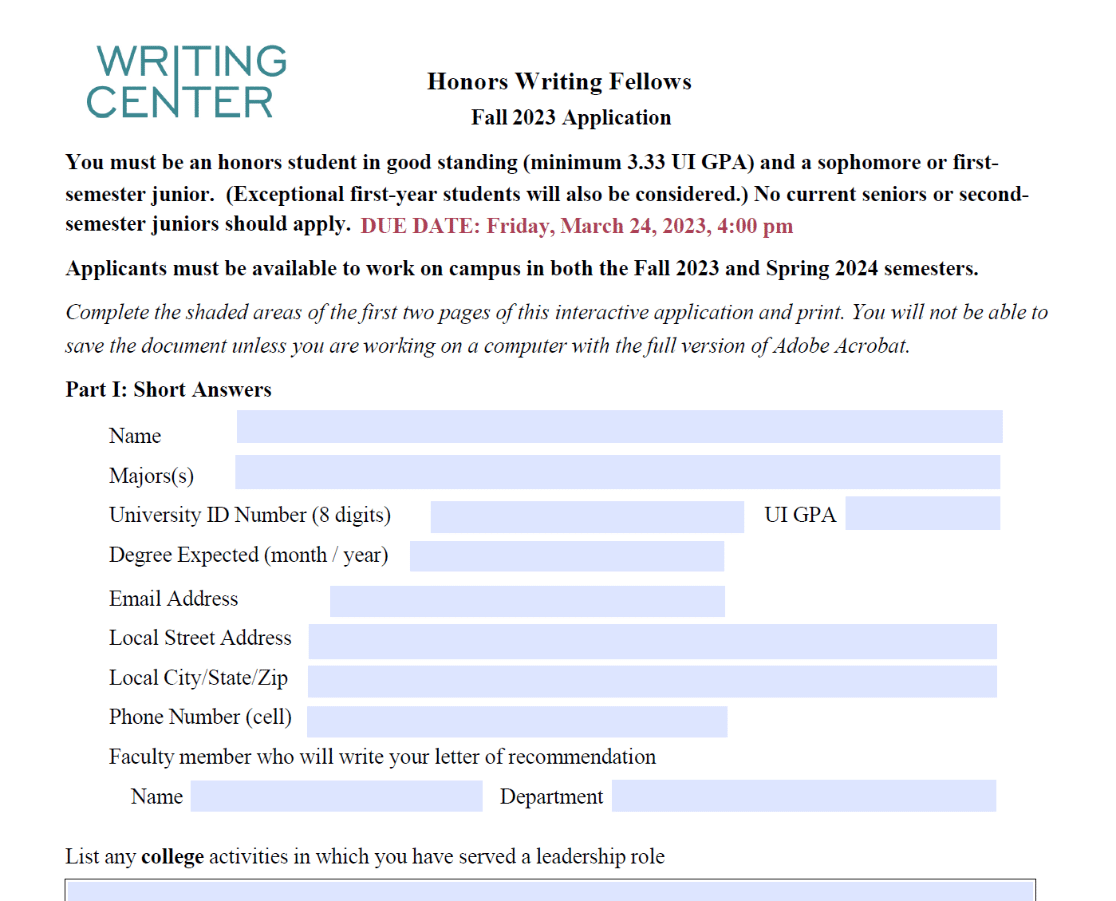 An example of a writing center intake form for a university