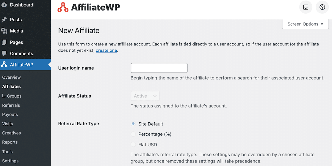 Adding affiliates in AffiliatesWP