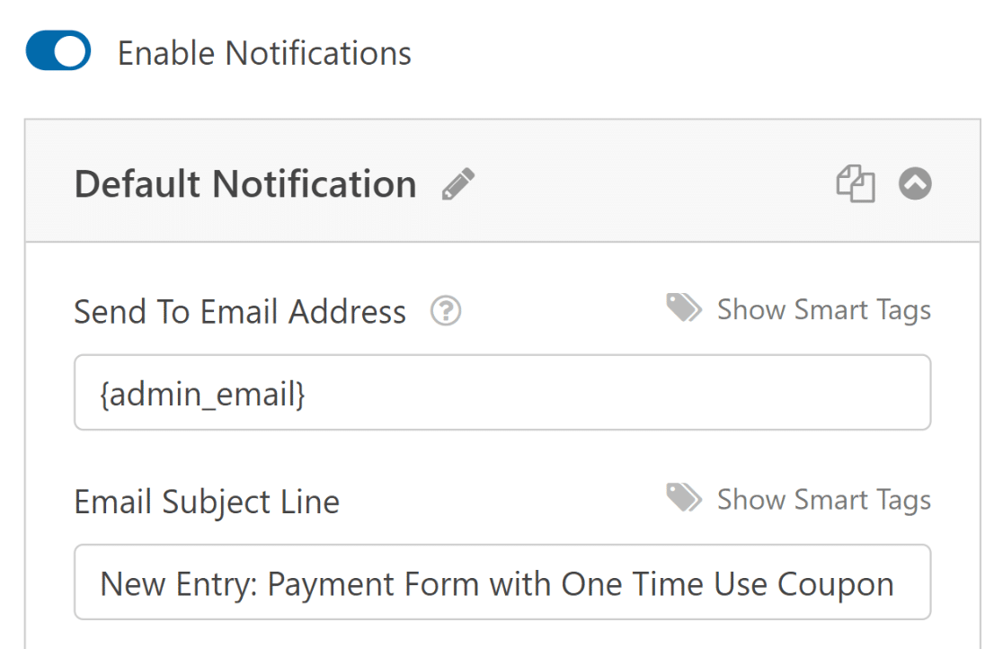 Configure email notifications for one time use coupon form