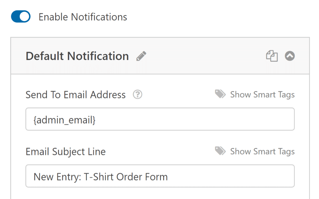 Configure email notifications for tshirt form
