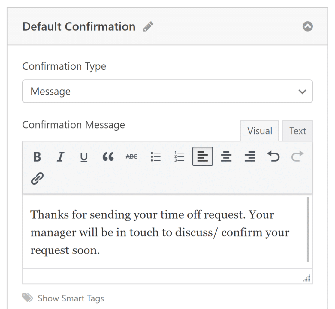 Configure time off request form confirmation message