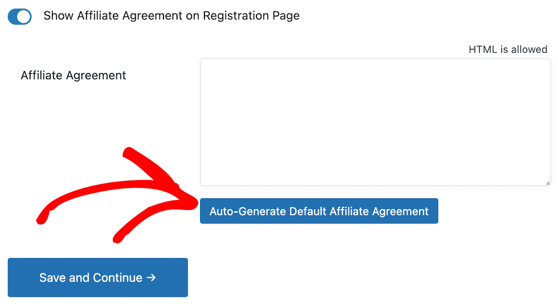 Select the option to autogenerate an affiliate agreement