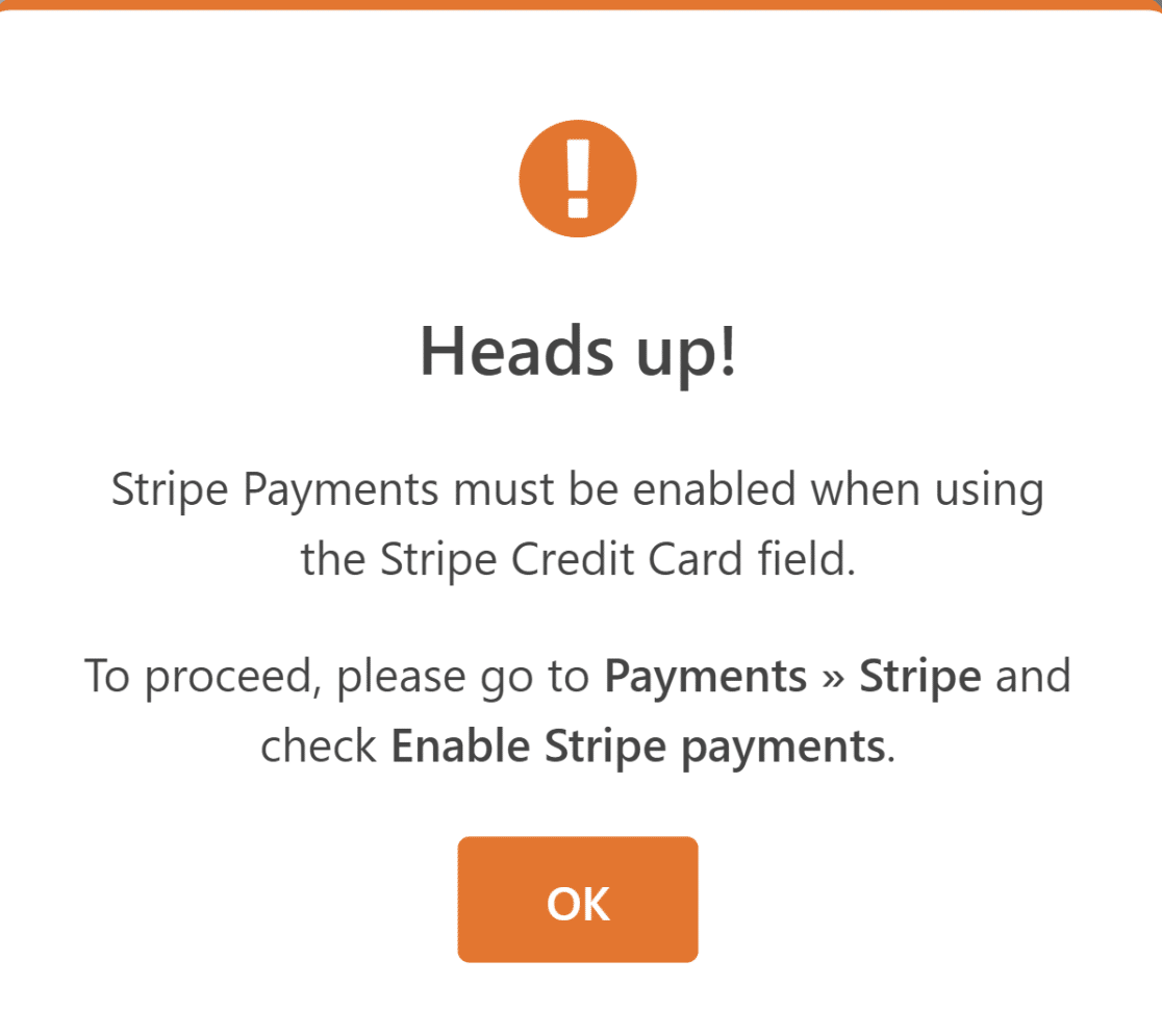Enable Stripe Payments popup messsage