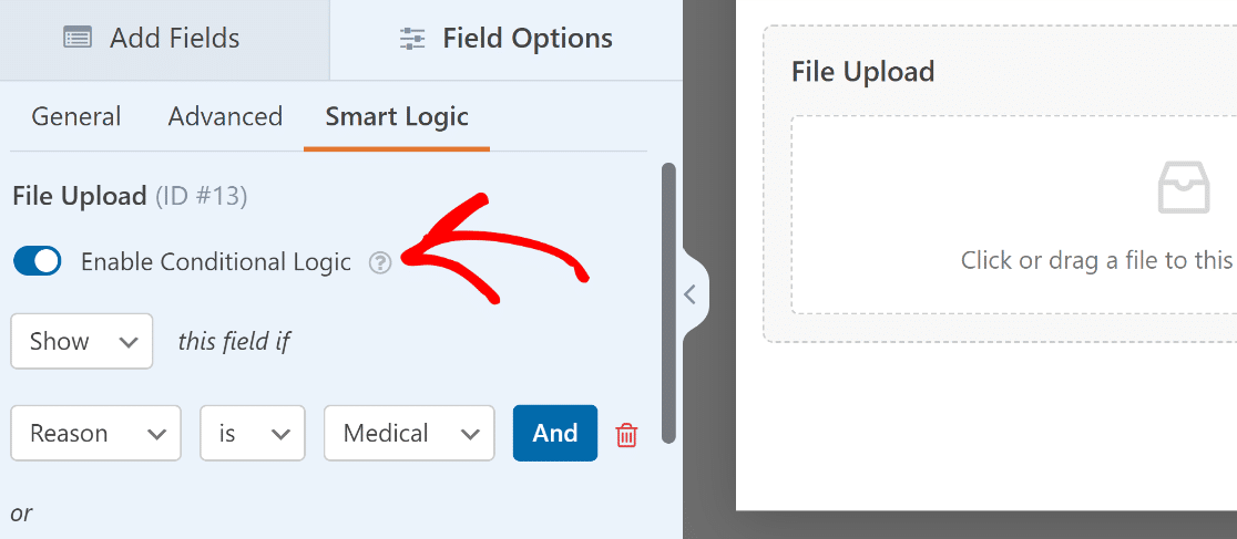 Enable conditional logic on file upload field