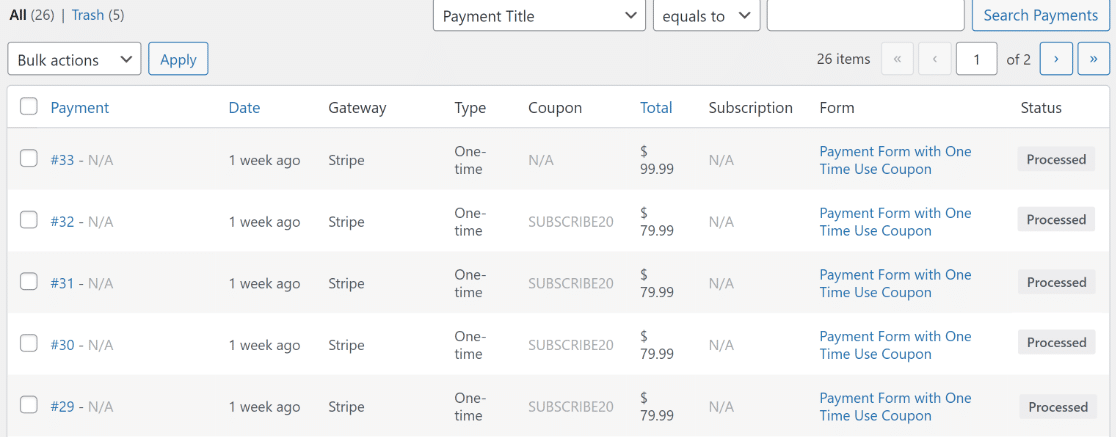 Payments and coupon table