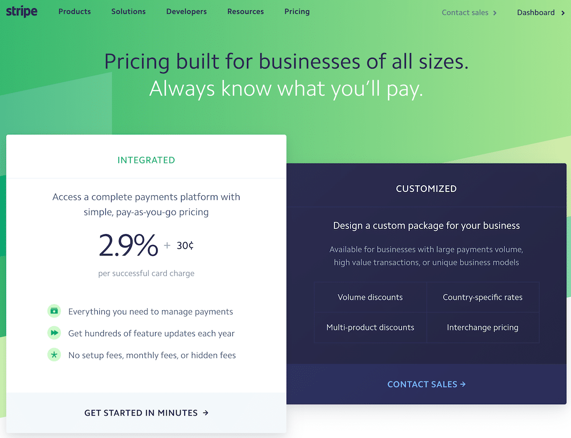 The Stripe pricing page