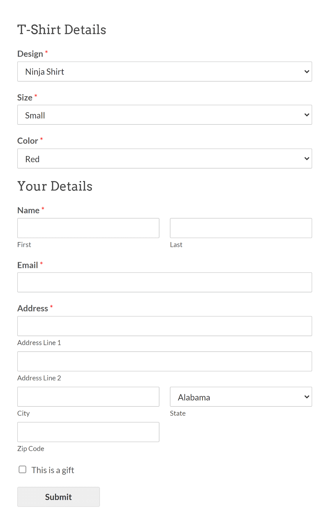 Tshirt order form template all fields