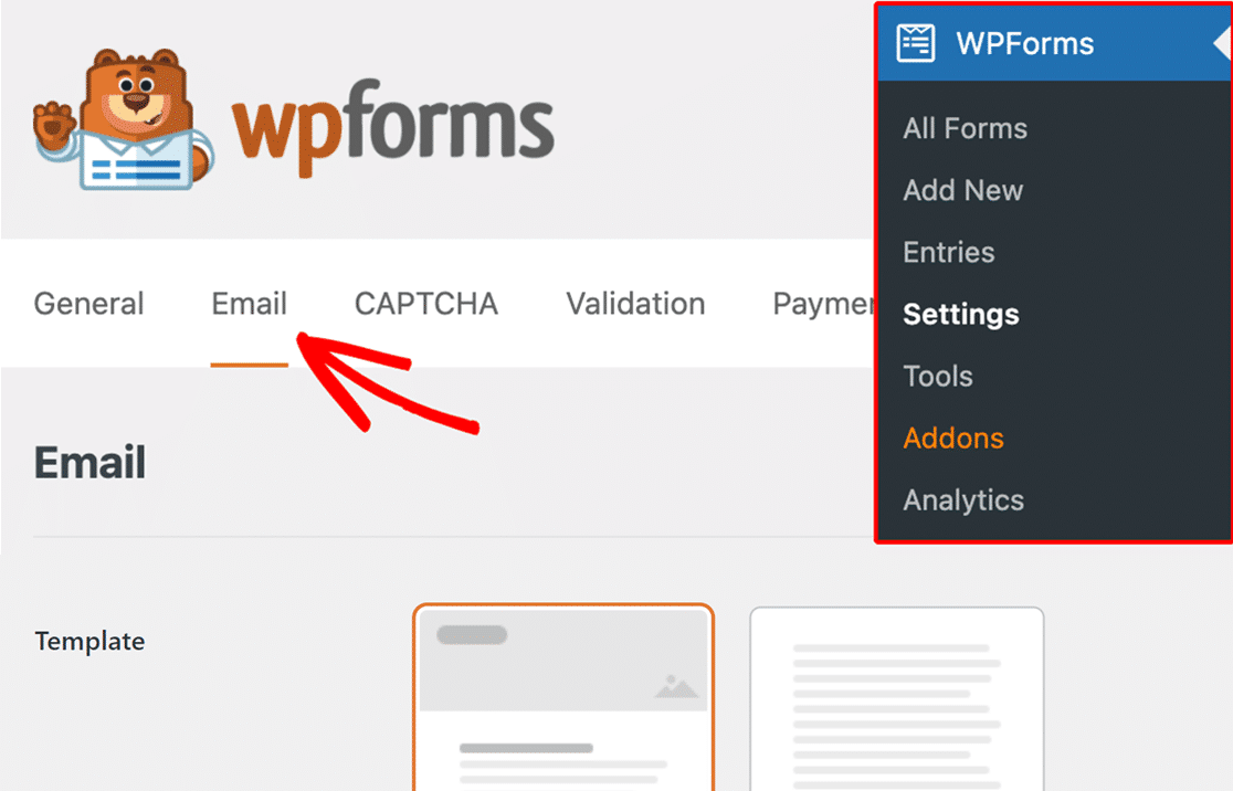 Accessing the WPForms email settings