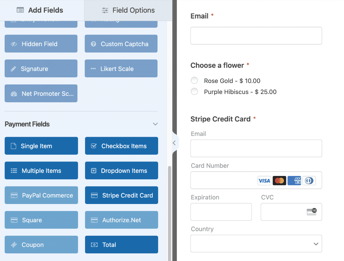 Form builder with Stripe credit card field