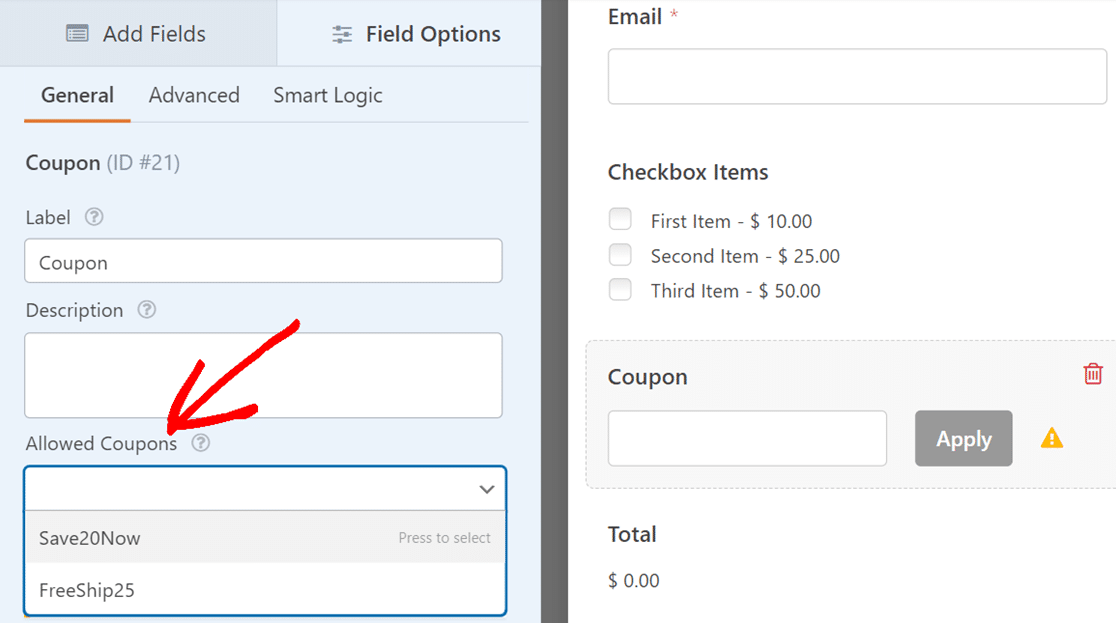Allowed Coupons dropdown
