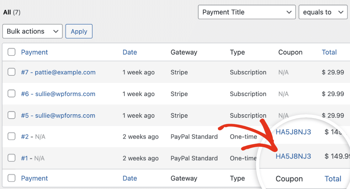 Payment Entries Showing Coupon Column