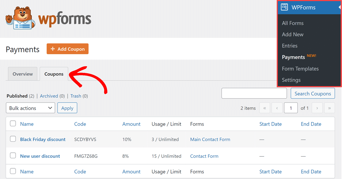 Coupons tab on the Payments page in WPForms
