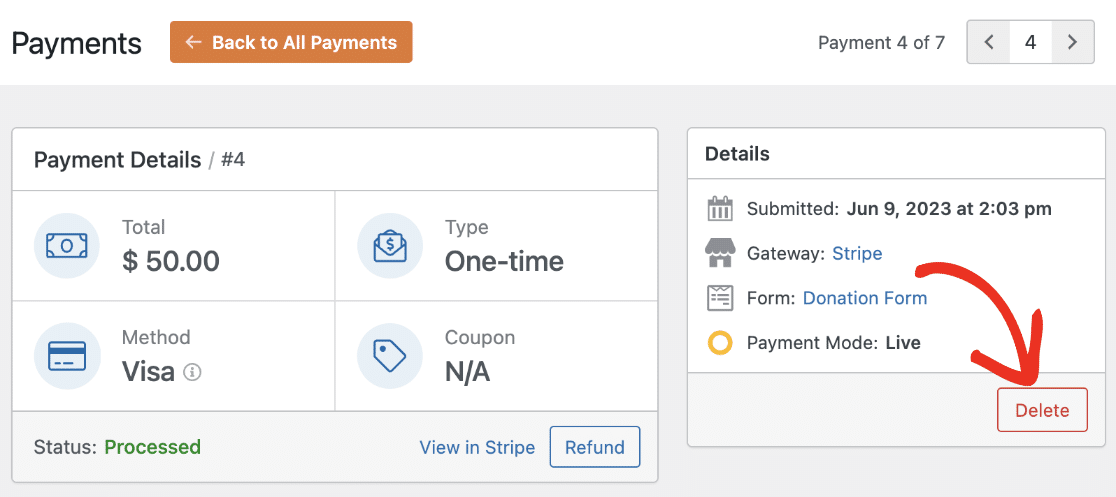Delete button in Payments page