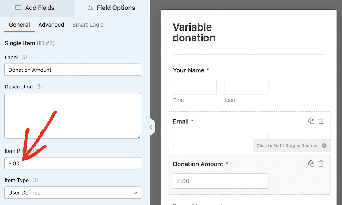 Edit default donation amount