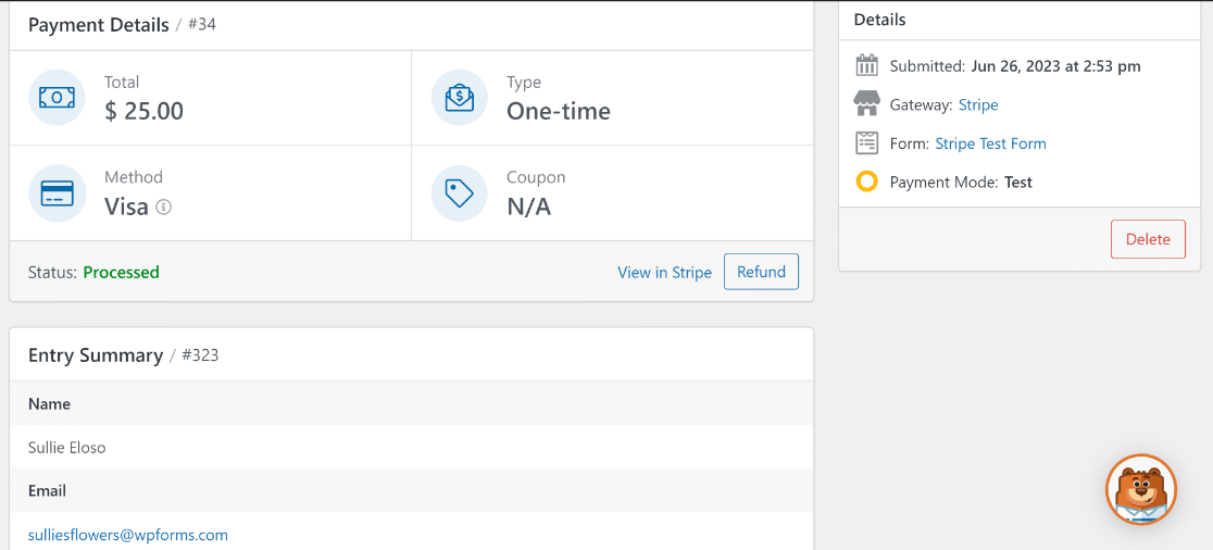 Viewing full details of a test payment entry