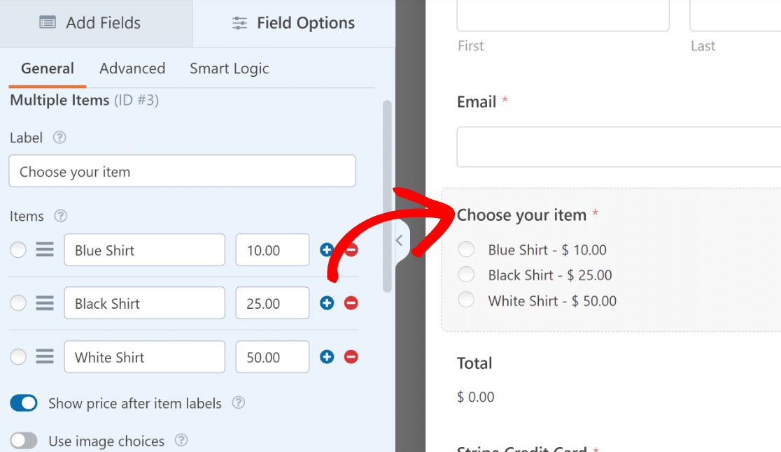 Multiple items field options