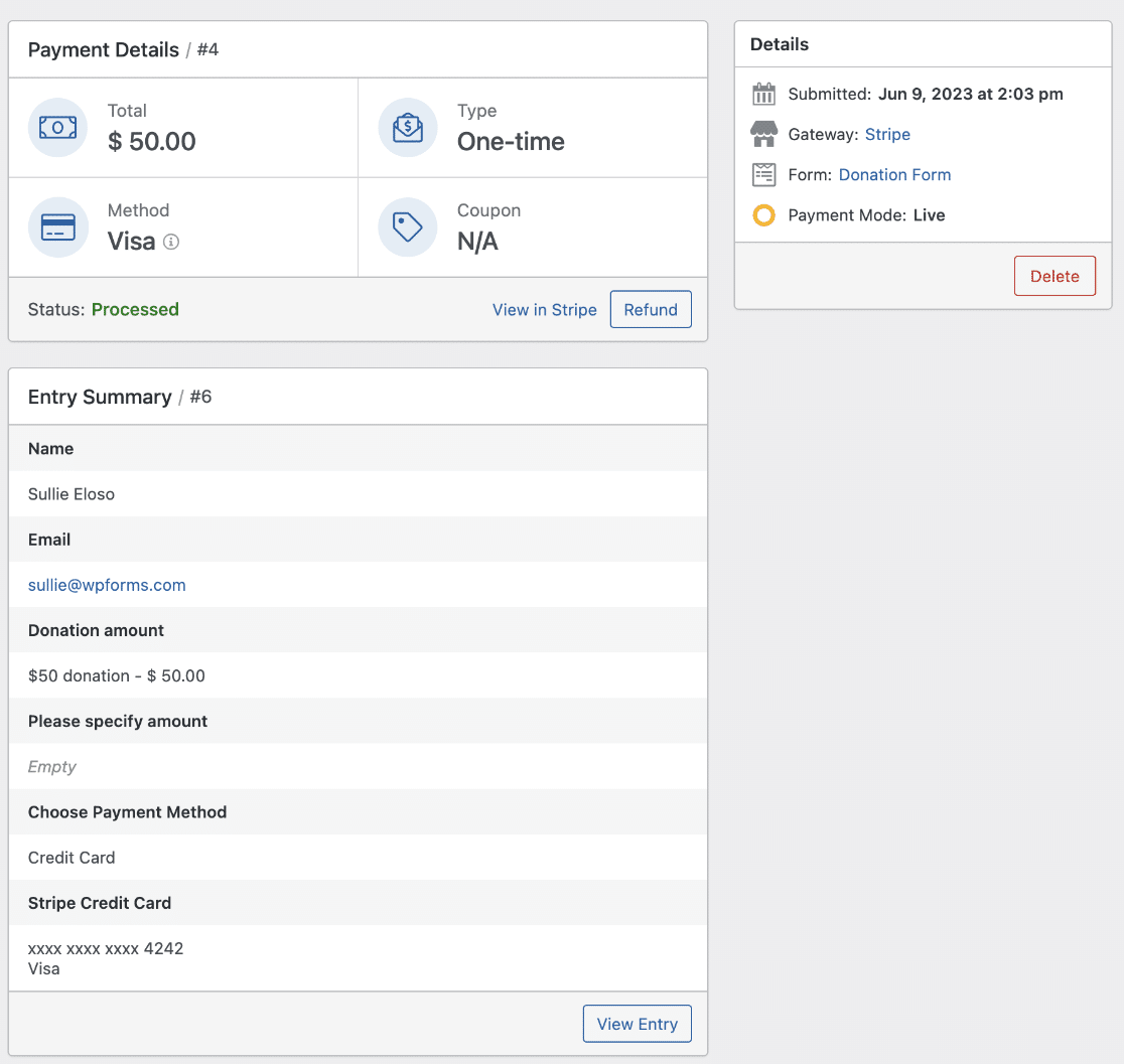 Individual payment page for a payment