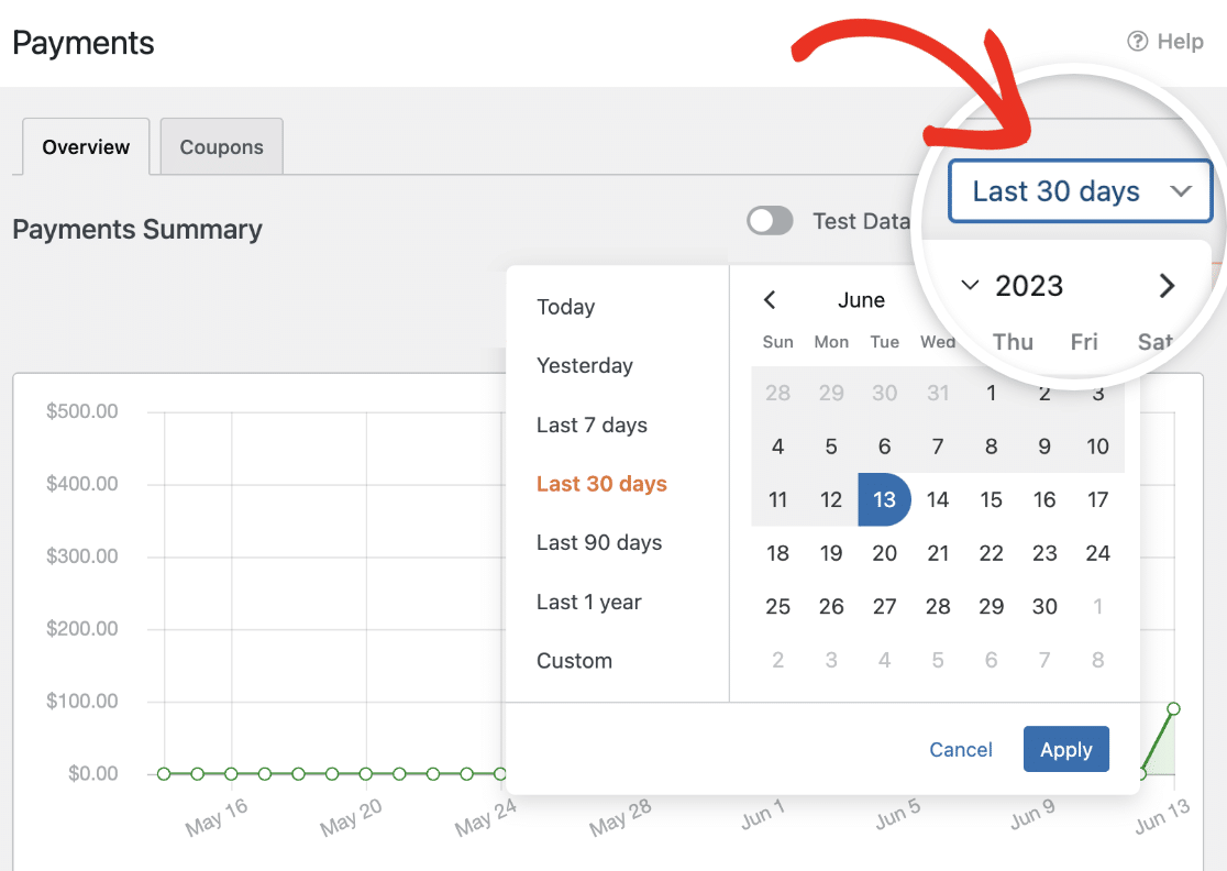 Date picker for graphs in Payments page