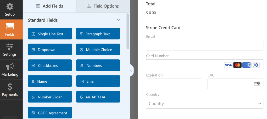 Stripe payment form template loaded