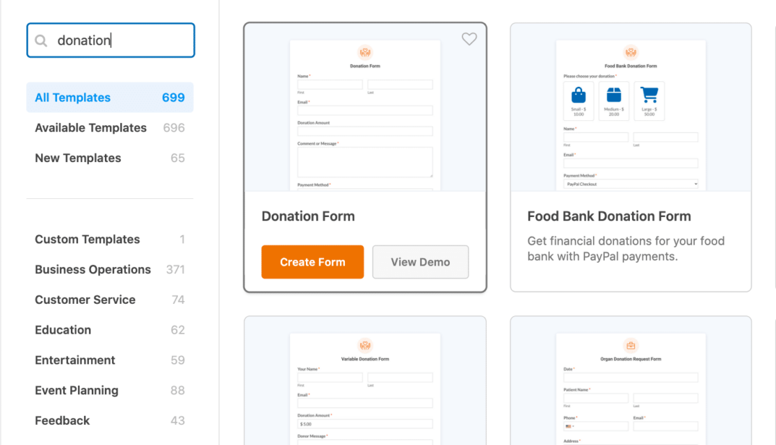 Selecting the donation form template