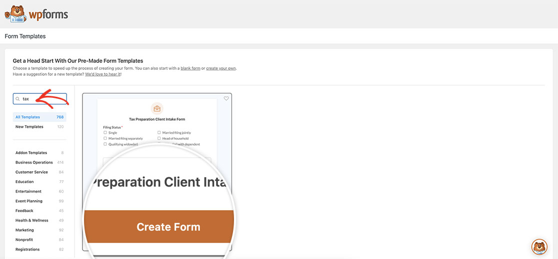 using the Tax Preparation Client Intake Form Template click Create Form