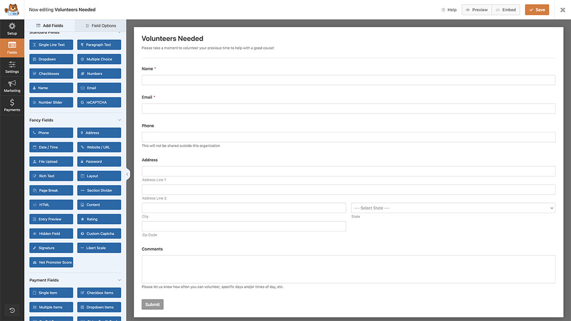 create the form and add your fields