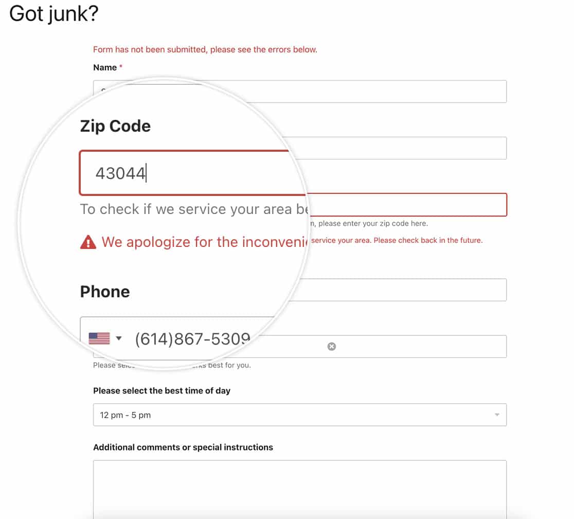 the form will not submit if the zip code field validation fails