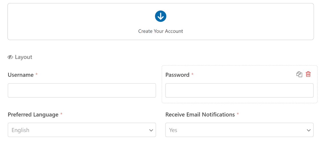 Create your account form fields