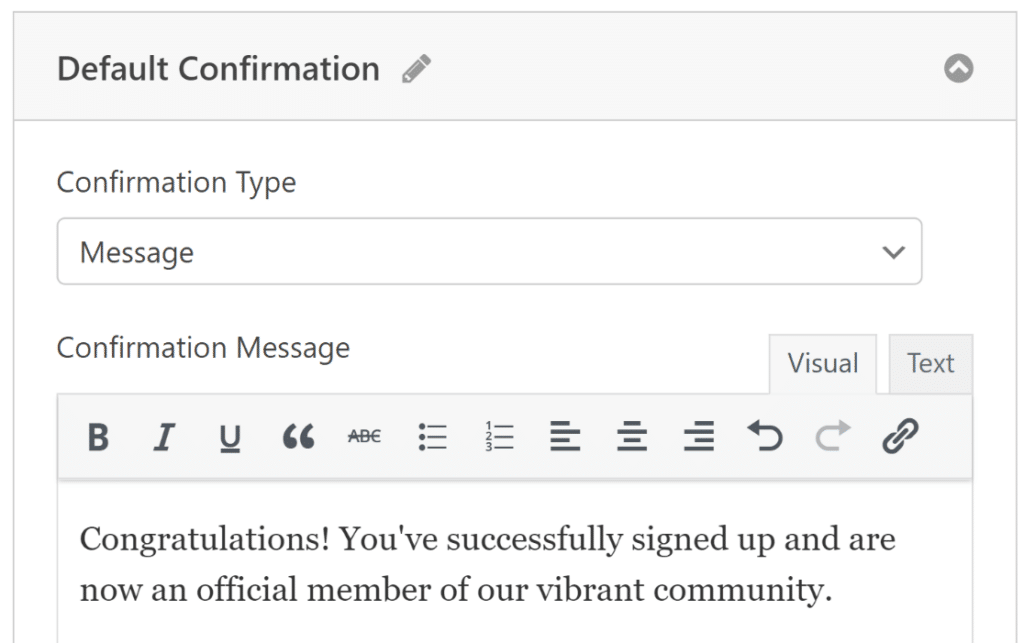 Default confirmation message