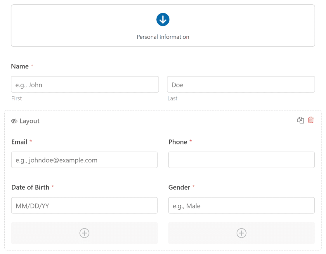 Example fields for a sign up form