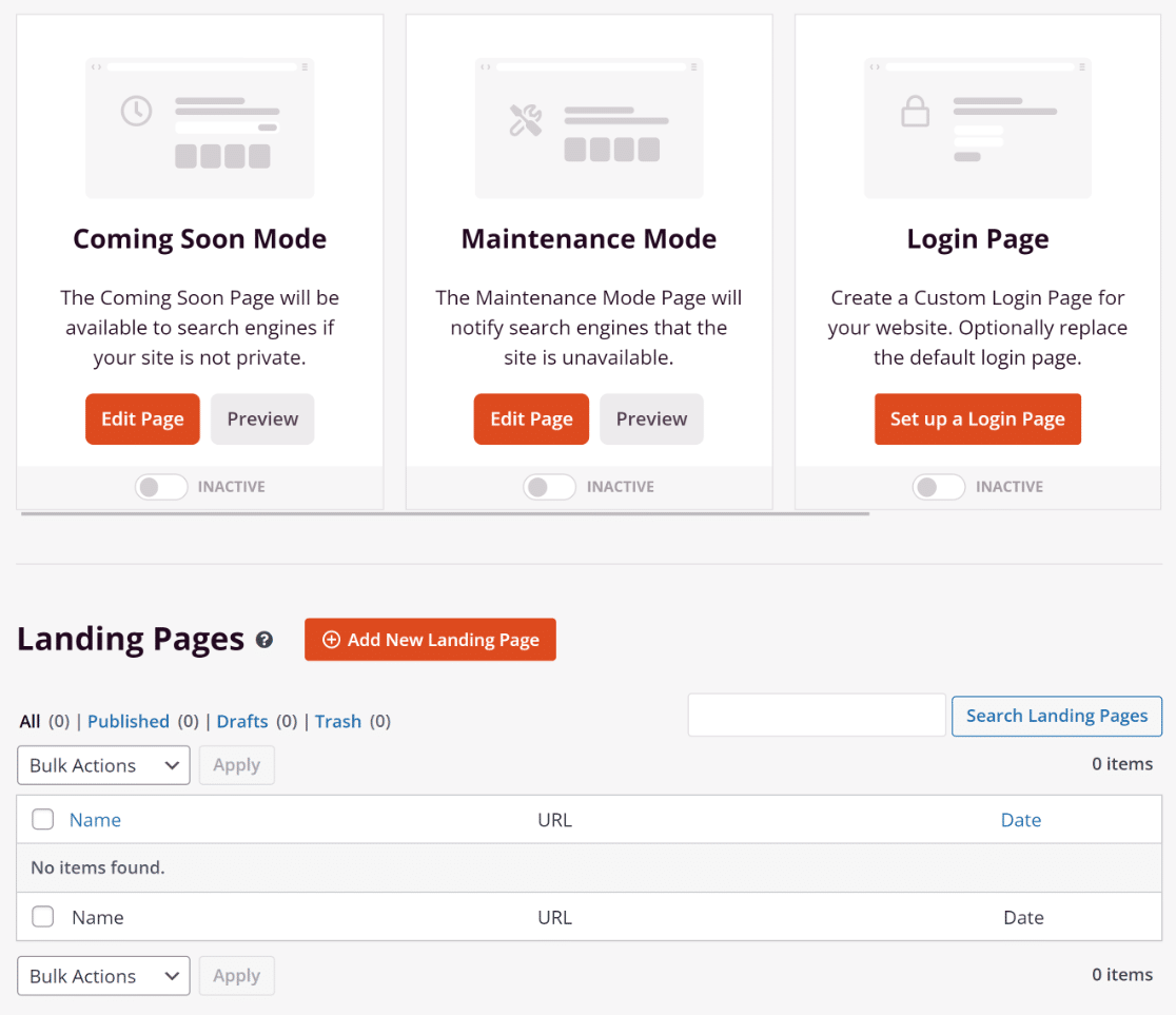 Landing page dashboard SeedProd