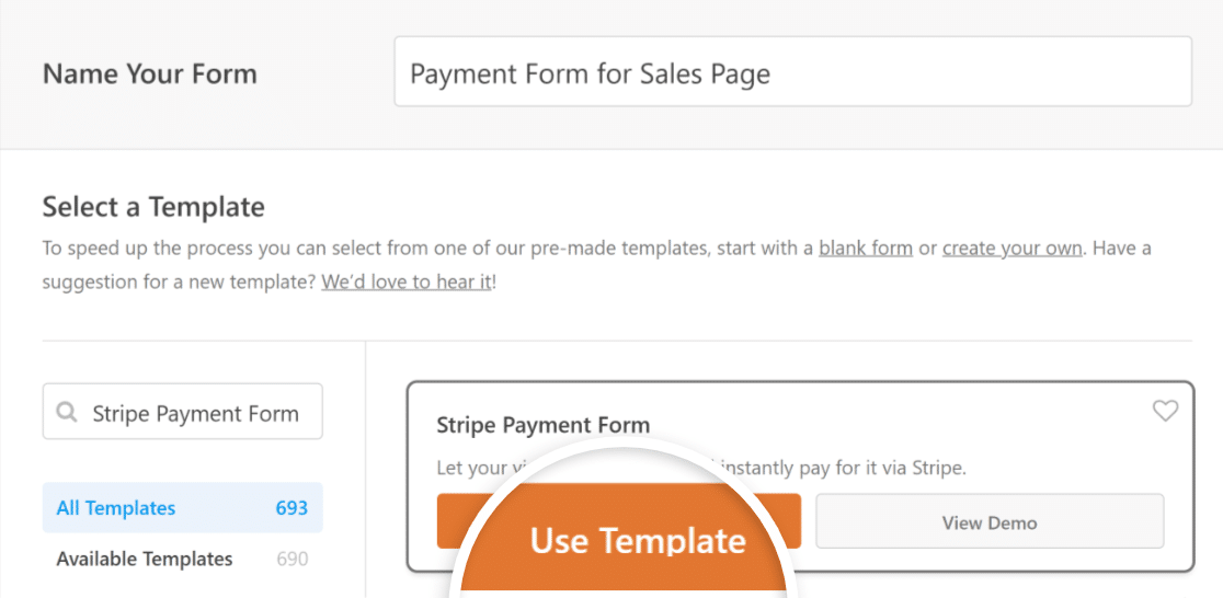 Select the Stripe Payment Form template