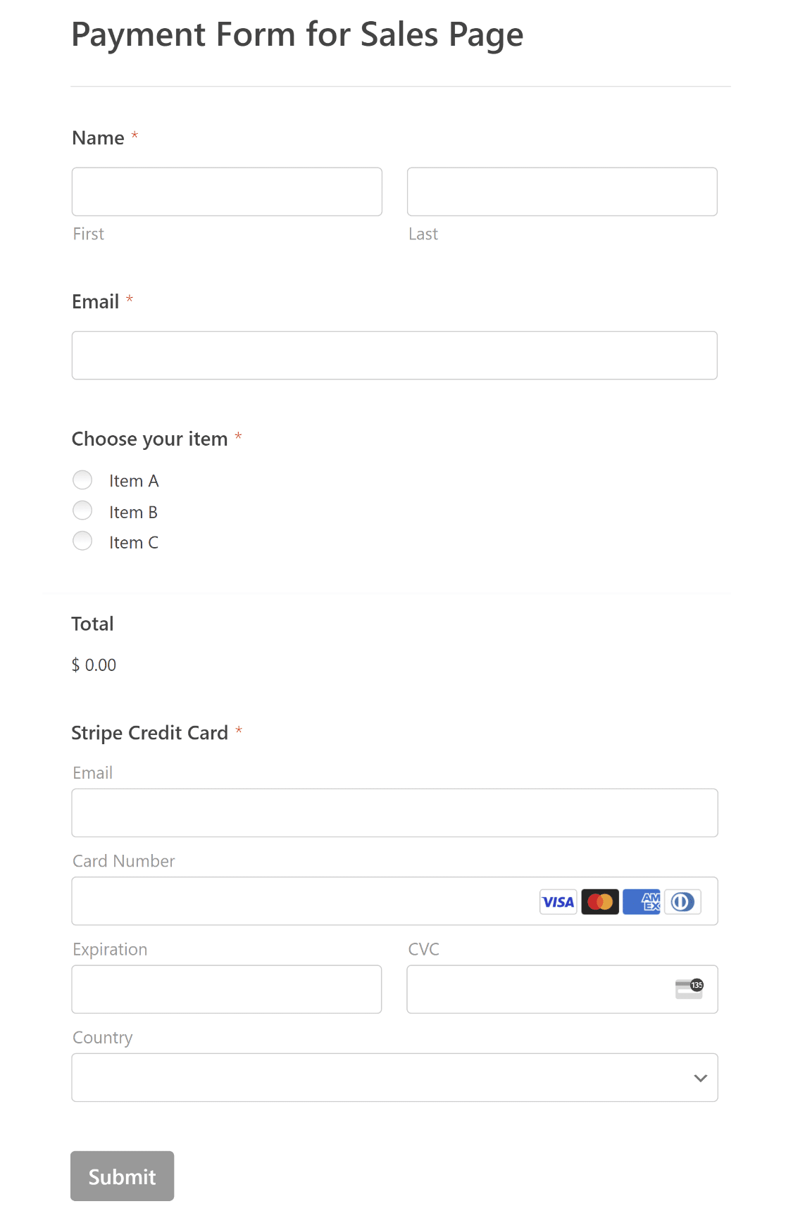 Stripe payment form template all fields